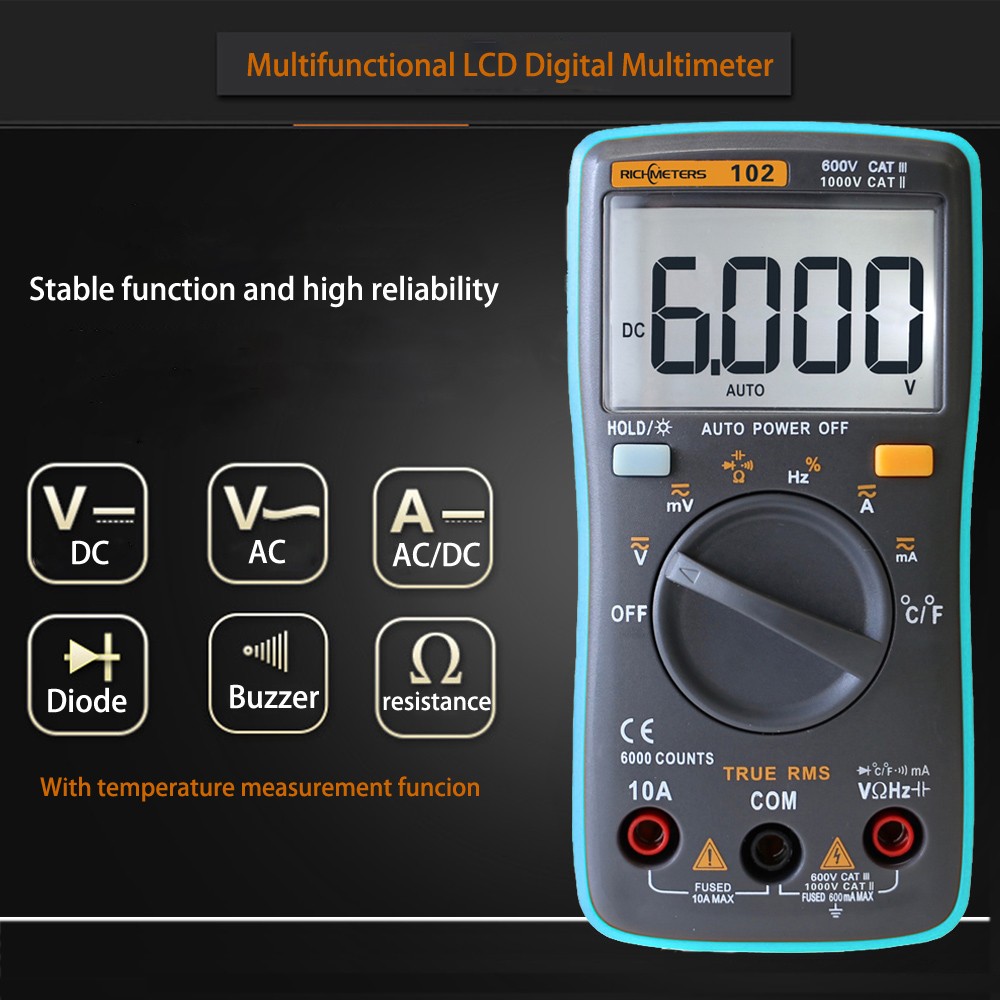 Richmeter RM102 Multifunctional Digital Multimeter AC/DC Voltage Current Tongs Resistance Diode Capacitance Temperature Meter