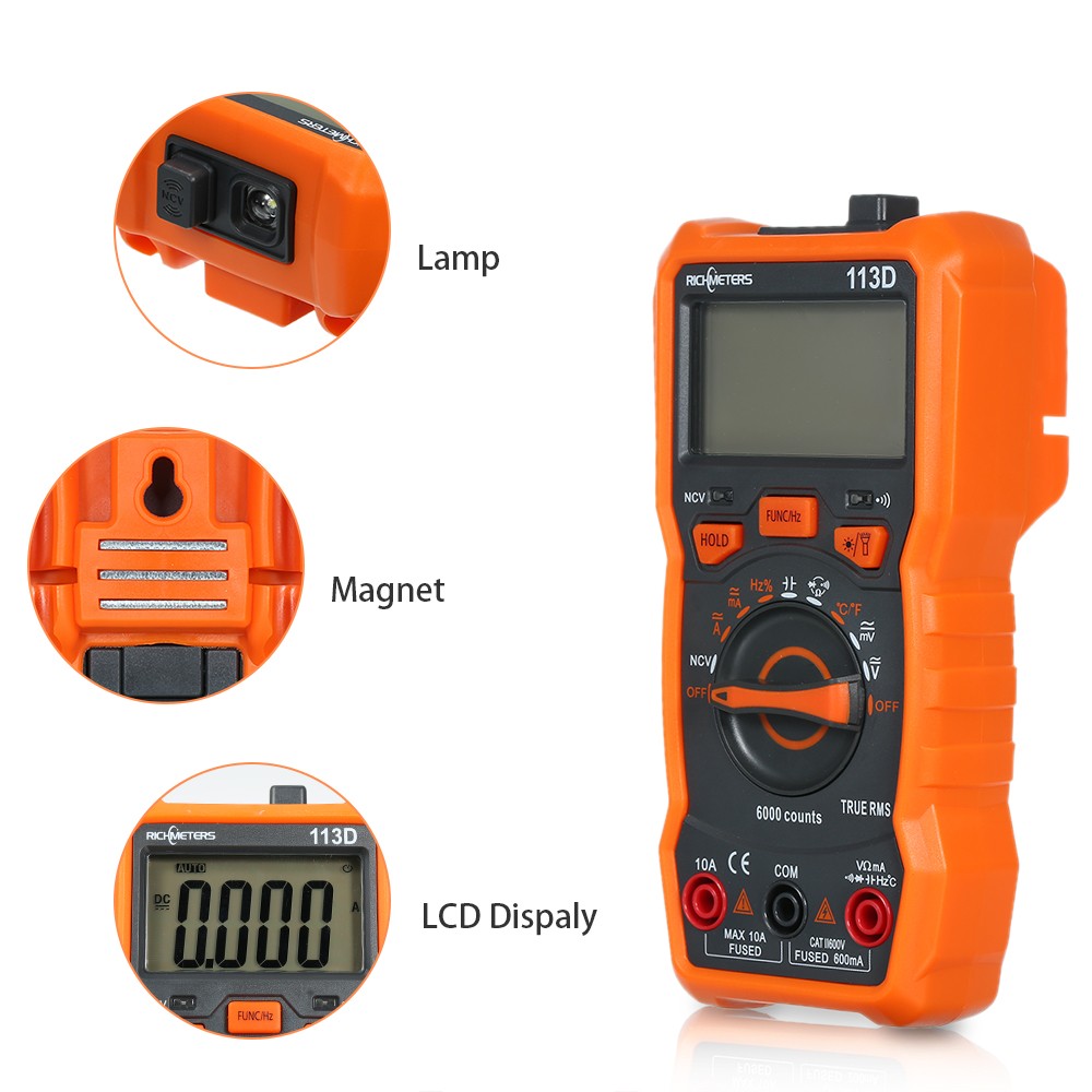 RICHMETERS Digital Multimeter RM113A/RM113D Multimeter with 6000 Count NCV Voltage Temperature Tool with Magnetic Suction and Flash Light