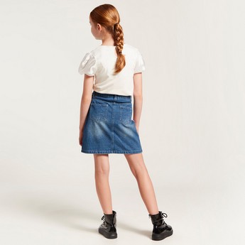 Hello Kitty Embroidered Denim Skirt with Pockets and Button Closure