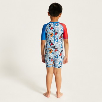 Disney Mickey Mouse Print Swimsuit with Short Sleeves and Zip Closure