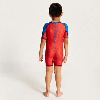 Superman Print Swimsuit with Round Neck and Short Sleeves