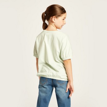 Juniors Round Neck Printed Top with Short Sleeves and Embellished Detail