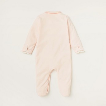 Giggles Embroidered Sleepsuit with Frill Detail and Snap Button Closure