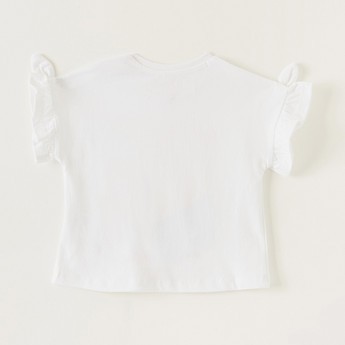 Juniors Printed Round Neck T-shirt with Ruffles and Bow Accent