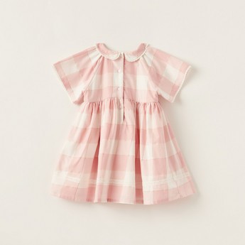 Giggles Checked A-line Dress with Cap Sleeves and Lace Detail