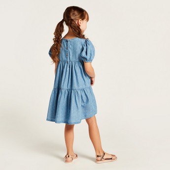 Juniors All-Over Printed Empire Dress with Short Sleeves