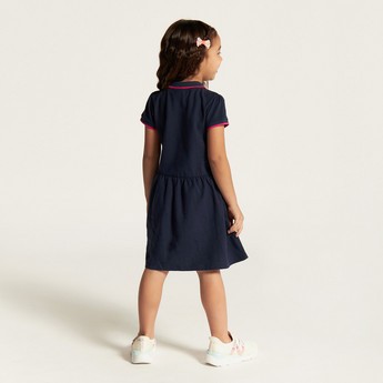 Juniors Solid Dress with Short Sleeves and  Piping Detail