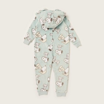 All-Over Snoopy Print Hooded Onesie with Long Sleeves and Zip Closure