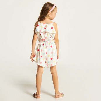 Juniors Polka Print Sleeveless Playsuit with Ruffle Detail