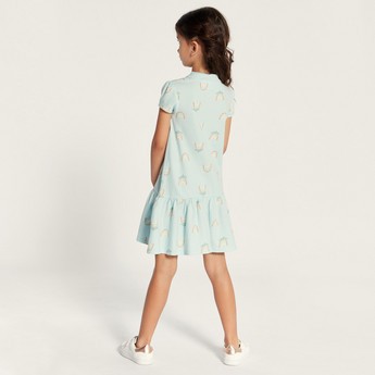 Juniors Printed Polo Dress with Cap Sleeves and Button Closure