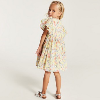 Juniors Floral Print Dress with Round Neck and Flutter Sleeves