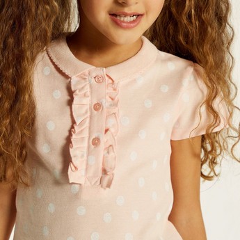 Juniors Polka Dot Print Polo T-shirt with Short Sleeves and Ruffle Detail