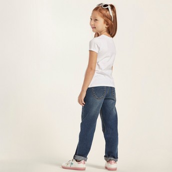 Juniors Solid Denim Pants with Pockets and Button Closure