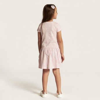 Juniors Polka Print Dress with Round Neck and Short Sleeves