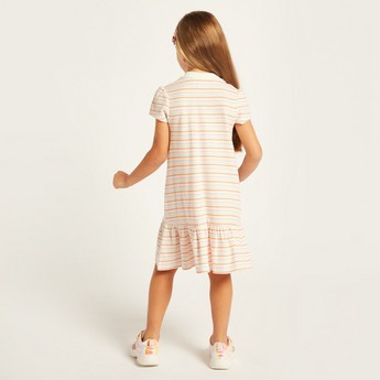 Juniors Striped Polo Dress with Flounce Hem and Short Sleeves