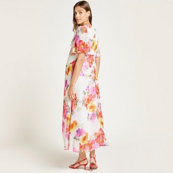 Love Mum Floral Print Maternity Maxi Dress with Short Sleeves