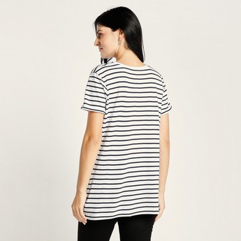 Love Mum Striped Round Neck Maternity T-shirt with Short Sleeves