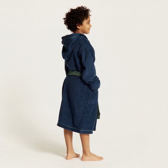 Textured Hooded Bathrobe with Long Sleeves and Tie-Up Belt