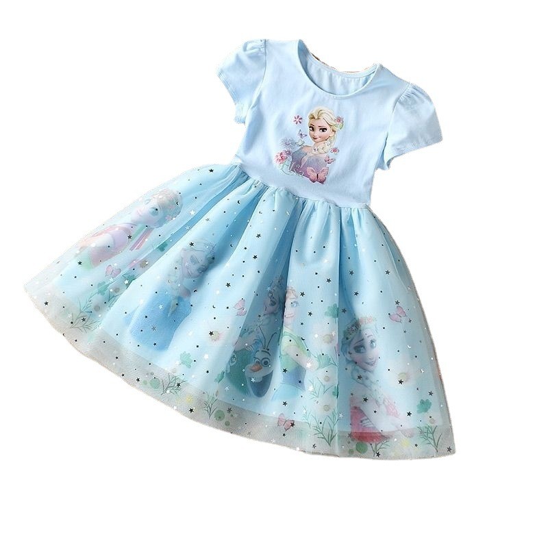 Summer 2022 Cartoon Girls Dress Princess Elsa Baby Dresses Toddler Kids Short Sleeve Cute Party Dresses