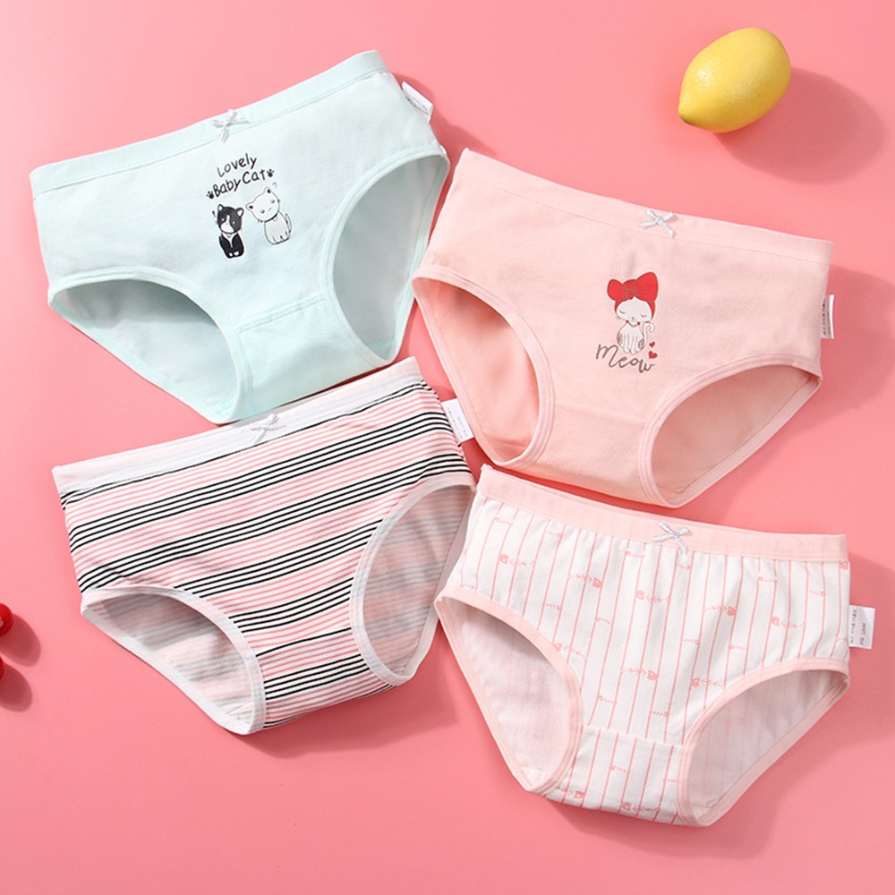 Girls Panties Kids Underwear Cotton Children Briefs Trellis Stripes Cute Cartoon Short Red 4pcs/lot