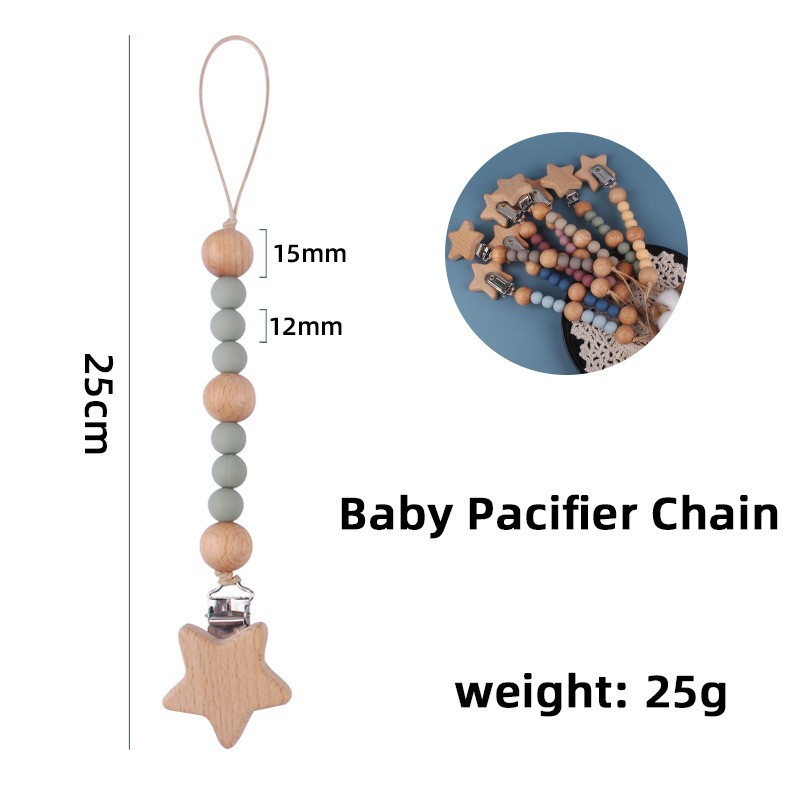 Safety Wooden Baby Infant Toddler Doll Pacifier Silicone Nipple Soother Clip Chain Strap Holder Baby Chew Teether Toy Teething