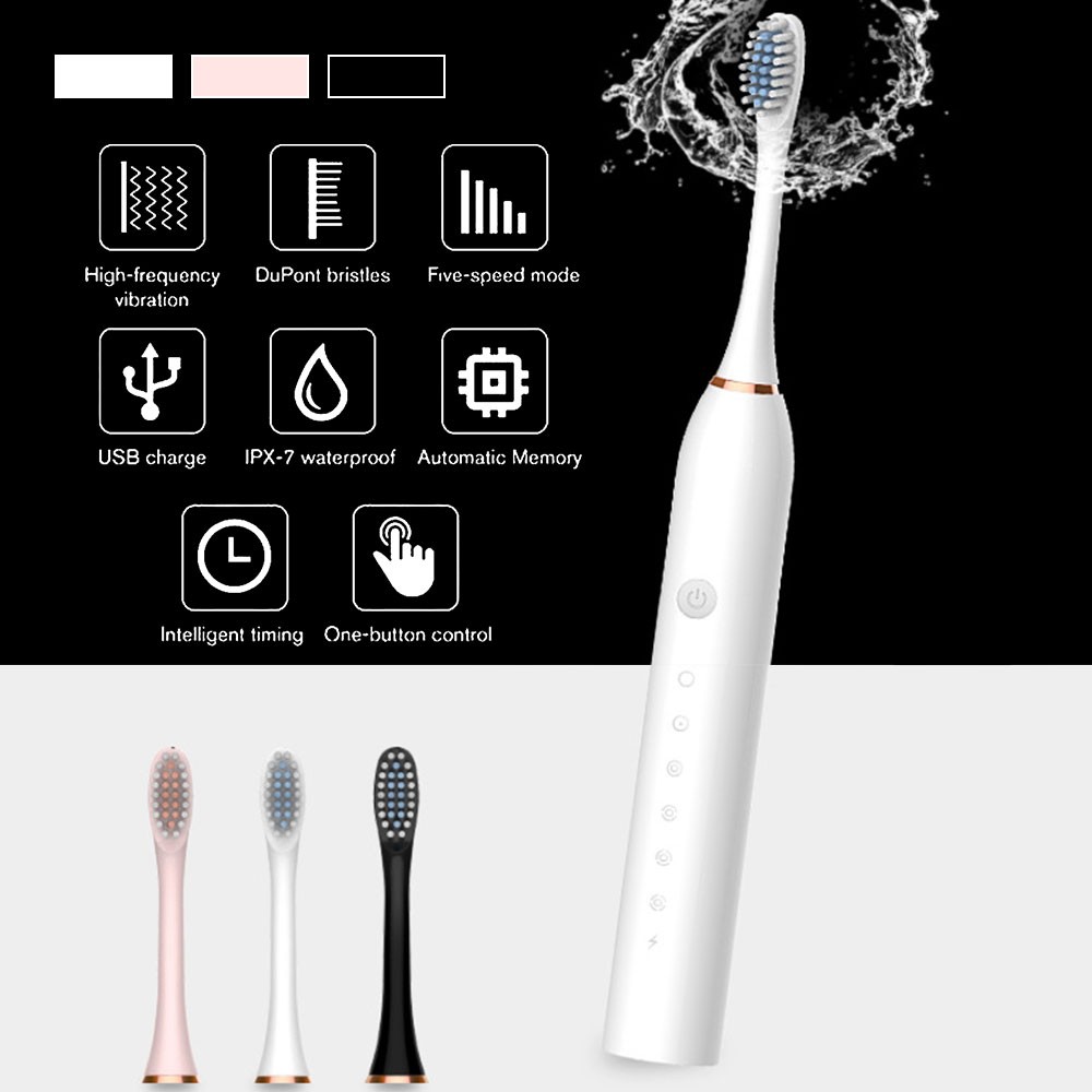 Adult Ultrasonic Electric Waterproof Toothbrush with 4 Brushes Replacement Heads USB Rechargeable Timer Tooth Brush 6 Modes