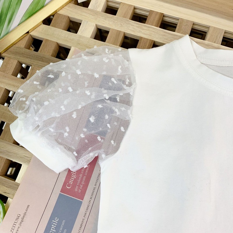 Fashion Summer Baby Girl Cotton T-Shirt Puff Sleeve Toddler Girl Pincess Lace Shirt Short Sleeve Round Neck Tee Solid Blouse