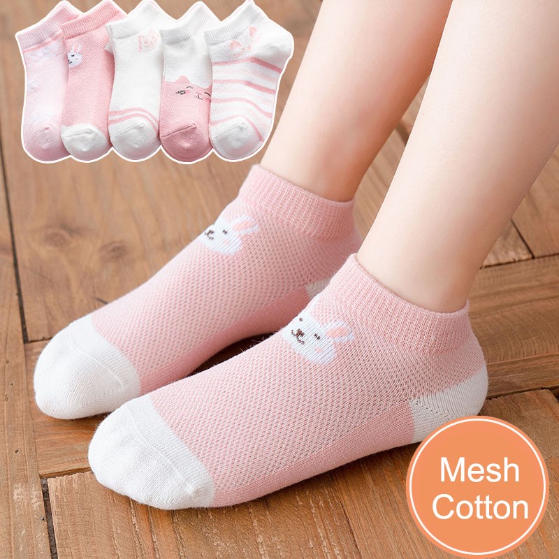 5 Pairs Girls Cotton Socks Summer Thin Mesh Breathable Cute Cartoon Children Socks Toddler Baby Girls Socks Pink 1-12 Years