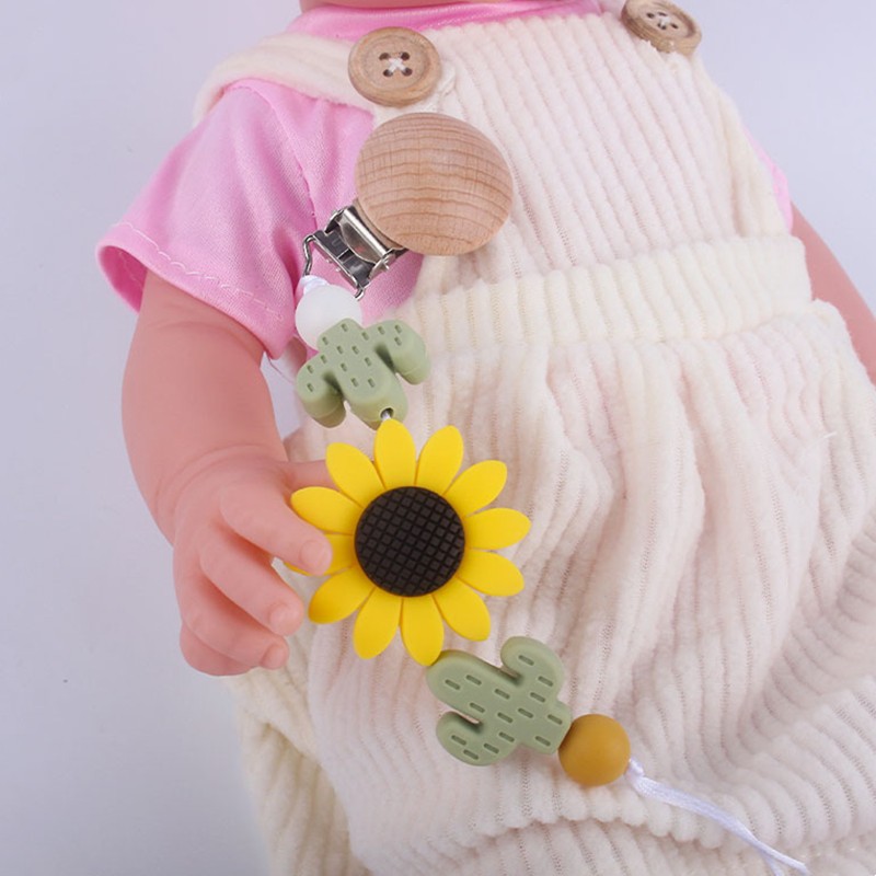 Baby Toddler Baby Doll Pacifier Silicone Cactus Sunflower Soother Nipple Clip Chain Strap Holder Chew Teether Toy Teething