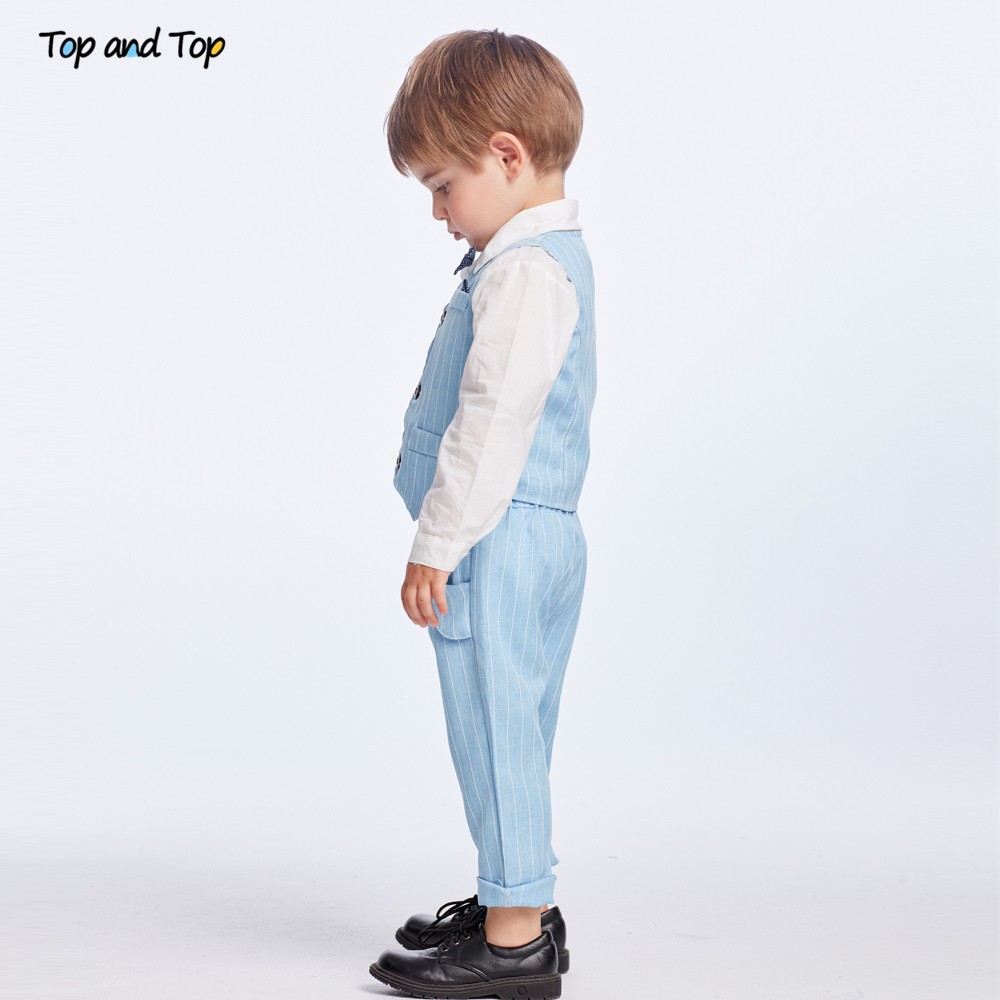 Best and top spring and autumn baby boy gentleman suit white shirt with bow tie striped jacket trousers 3pcs formal kids clothes set