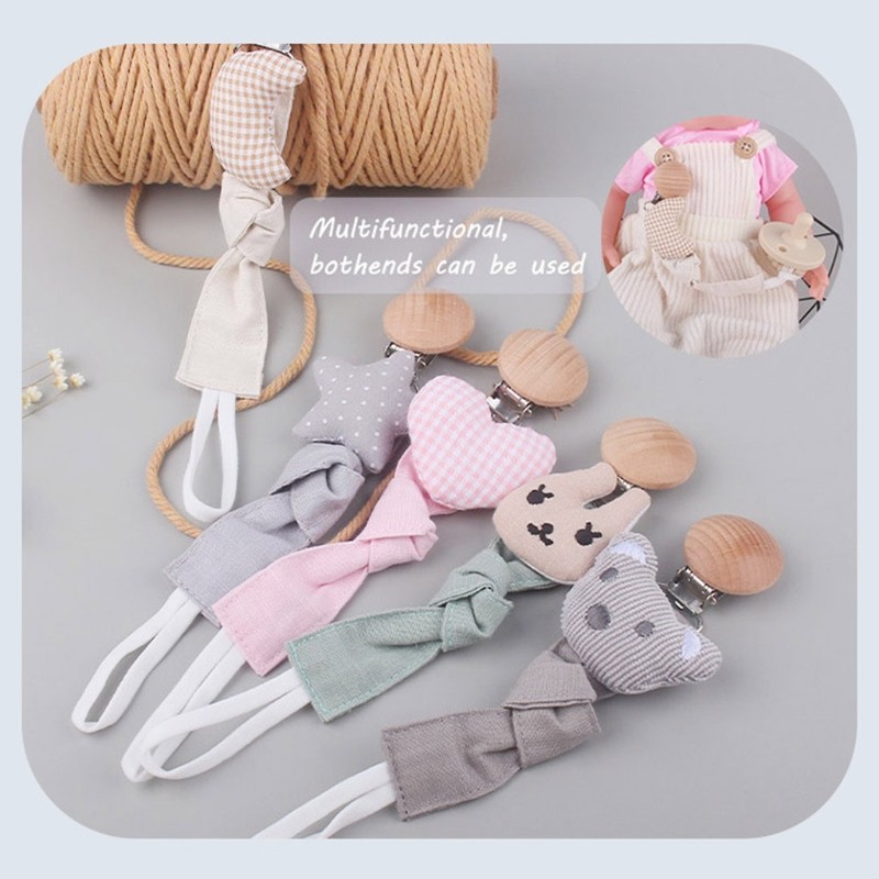 Baby Teether Buckle Beech Wood Cotton Linen Pacifier Chain Dummy Nipple Soother Holder Leash Belt for Newborn Babies