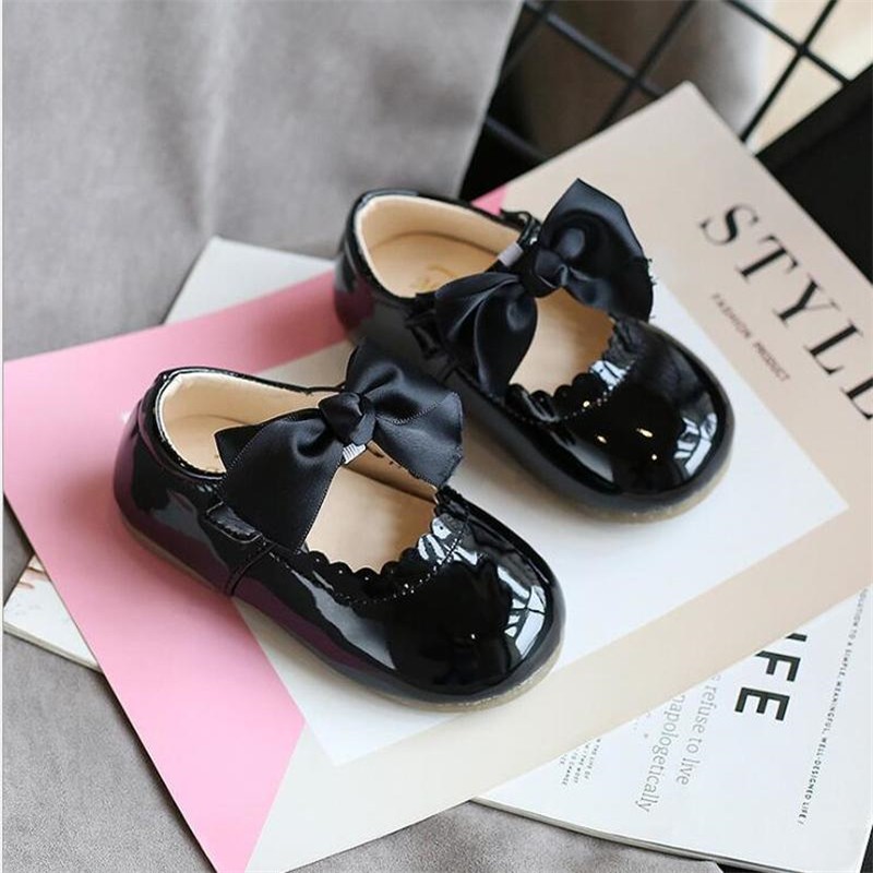 Newest Spring Autumn Baby Girls Fashion Patent Leather Big Bow Princess Mary Janes Party Shoes Solid Color Student Flat Shoes