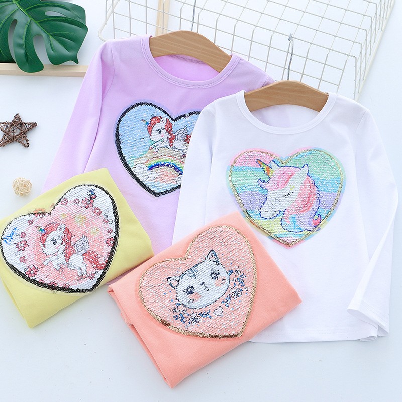 Long Sleeve Children Kids Girls T-shirt Unicorn Sequin Cotton Tops Tees Tops Fashion Girls Clothes