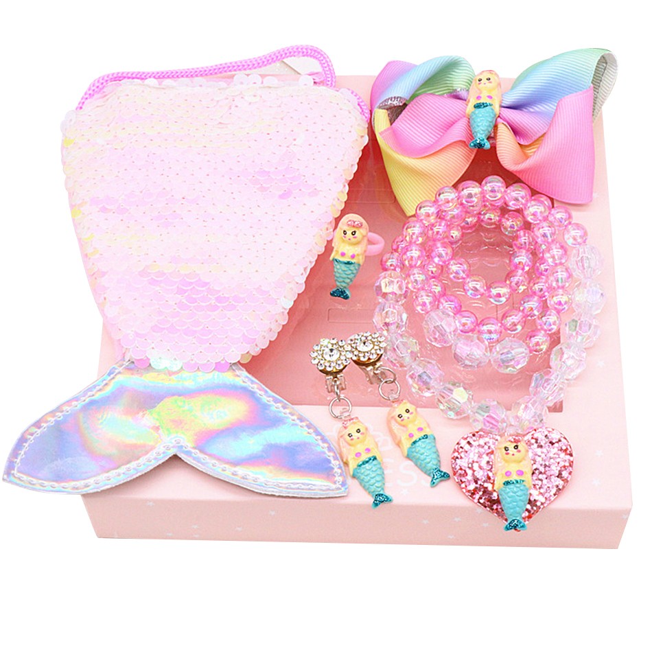 Mermaid Accessories Jewelry Set Sequins Purse Necklace Bracelet Bow Hairclip Shell Earring Gift for Girls Elsa Princess