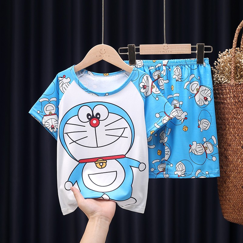 Doraemon Kids Pajamas Tops Pant Summer Cartoon Sleepwear Set Boys Girls Baby Clothes Pajamas Short Sleeve T-shirt Pajamas Suit