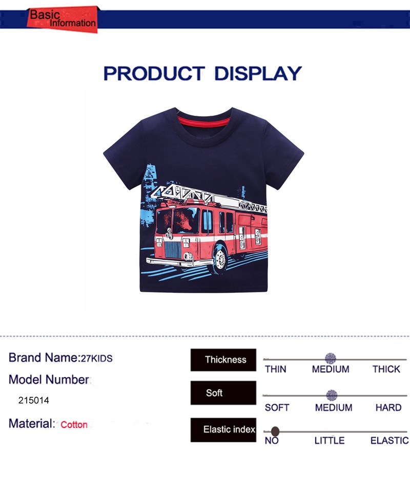 27 Kids Summer Boys Short Sleeve T-shirt Tops Clothes Fire Truck Pattern Children's Clothing Toddler Cotton Outfit 2-8Years