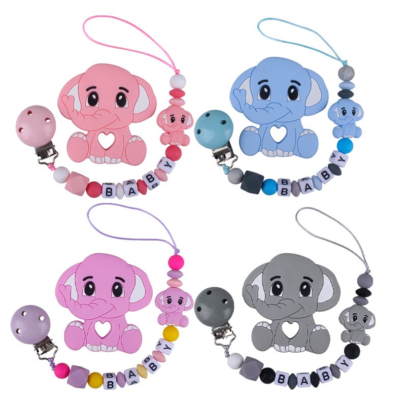 Customized Name Newborn Infant Baby Pacifier Clips Chain Elephant Silicone Beads Toy Teether Toy Doll Baby Holder Pacifier Chain