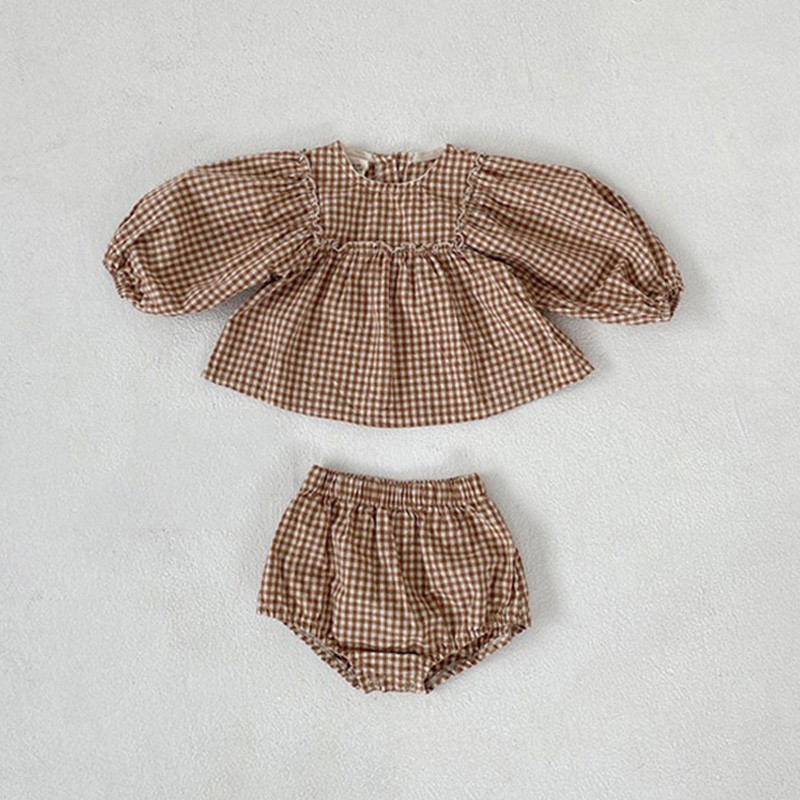 Baby girls clothes set summer spring plaid infant girls clothes set puff sleeve blouse and bloomer 2pcs baby girls suit