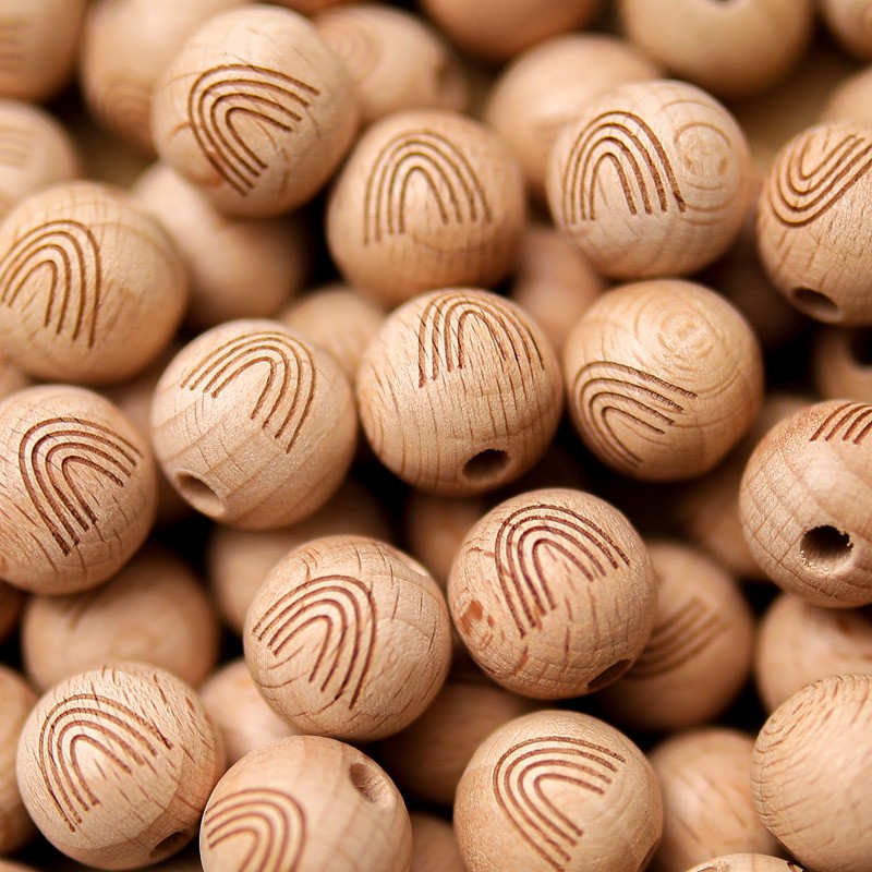 Let's Make 50pcs 16mm Cartoon Beech Wood Round Beads Necklace DIY Bracelet Safe Non-Toxic Eco Friendly Wooden Crafts Toys