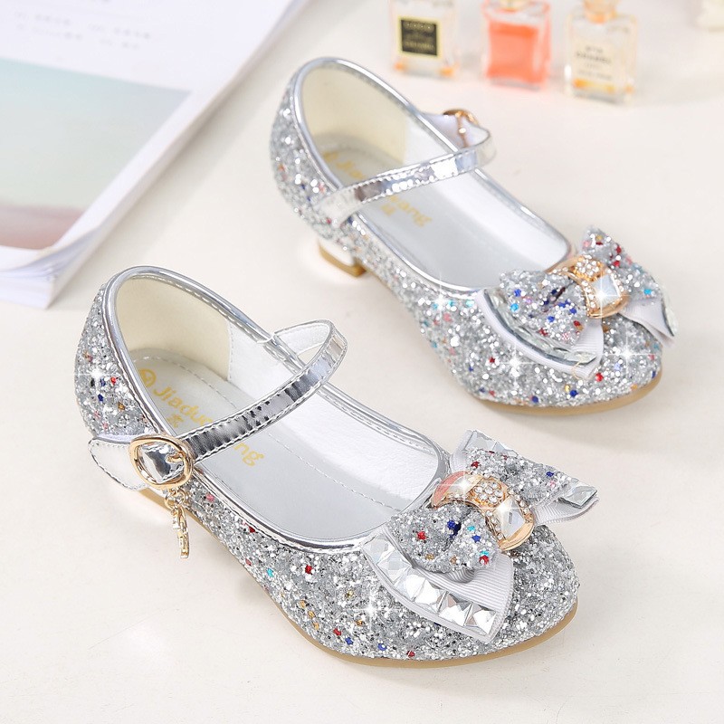 ULKNN-Children's leather shoes, casual high-heeled shoes with flowers and sequins, butterfly knot, blue, pink and silver, 2021