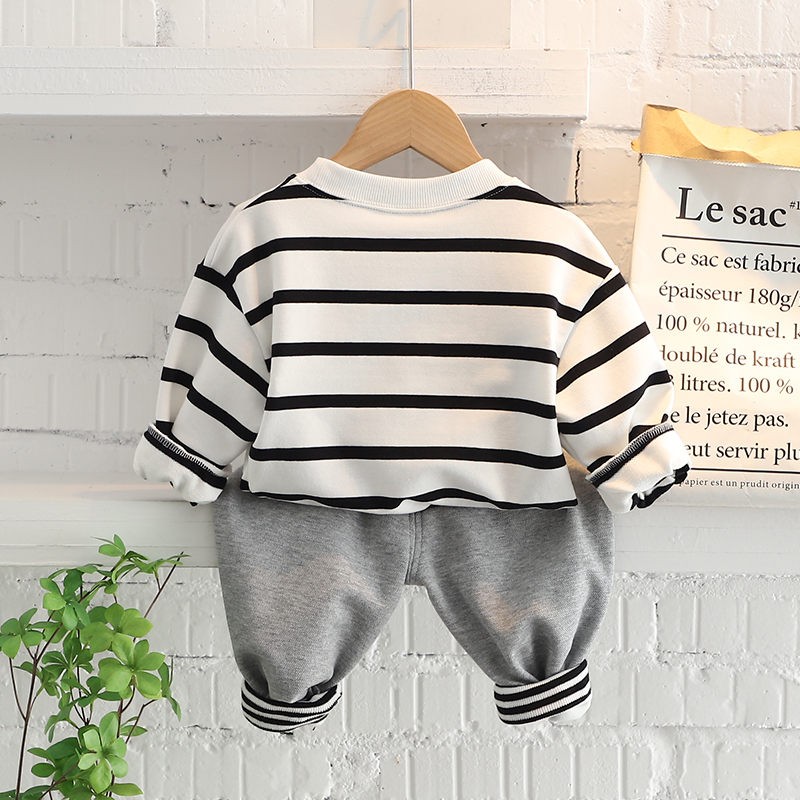 0-5 Years New Spring Children Girls Boys Cartoon Striped T-shirt Sports Pants 2pcs/set Kids Strips Toddler Clothes Cotton Suit