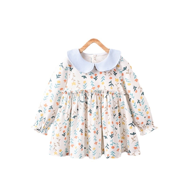 Baby Girls Spring Autumn Flower Printed Dresses Turn-down Collar Dress for Kids Children