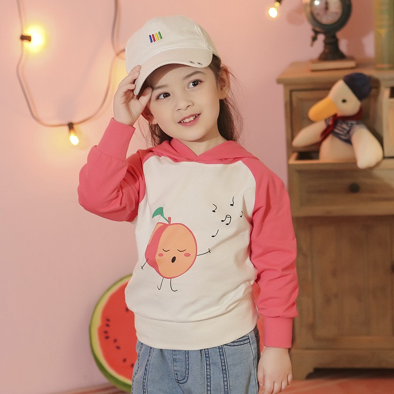 Brand New Children's Clothing Spring Girls Loose Hooded Long Sleeve Sweatshirt Cartoon Apple Kids Hoodies Pullover Tops