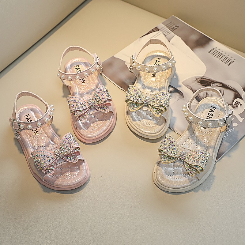 Size 26-36 Children Bowknot Pearl Princess Shoes For Girls Soft Sole Crystal Beach Shoes For Kids Girls Open Toe Light Sandals