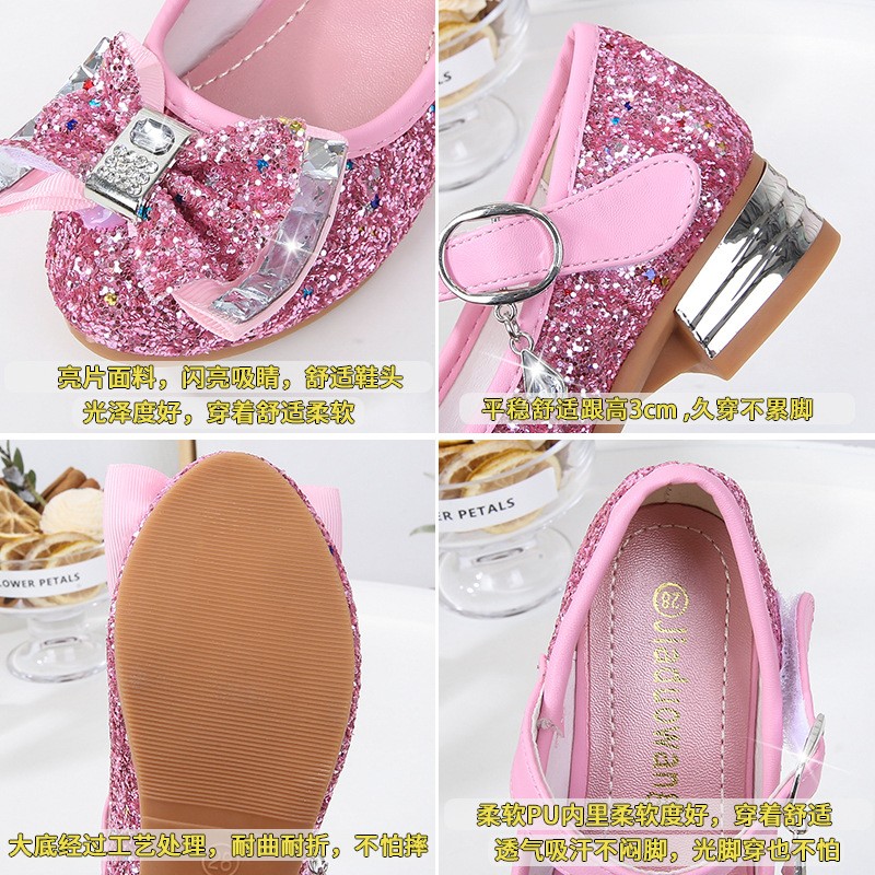 Princess pink shoes girls high heels 2022 children shoes new kids single shoes sequins students party blue dance shoe 23-38