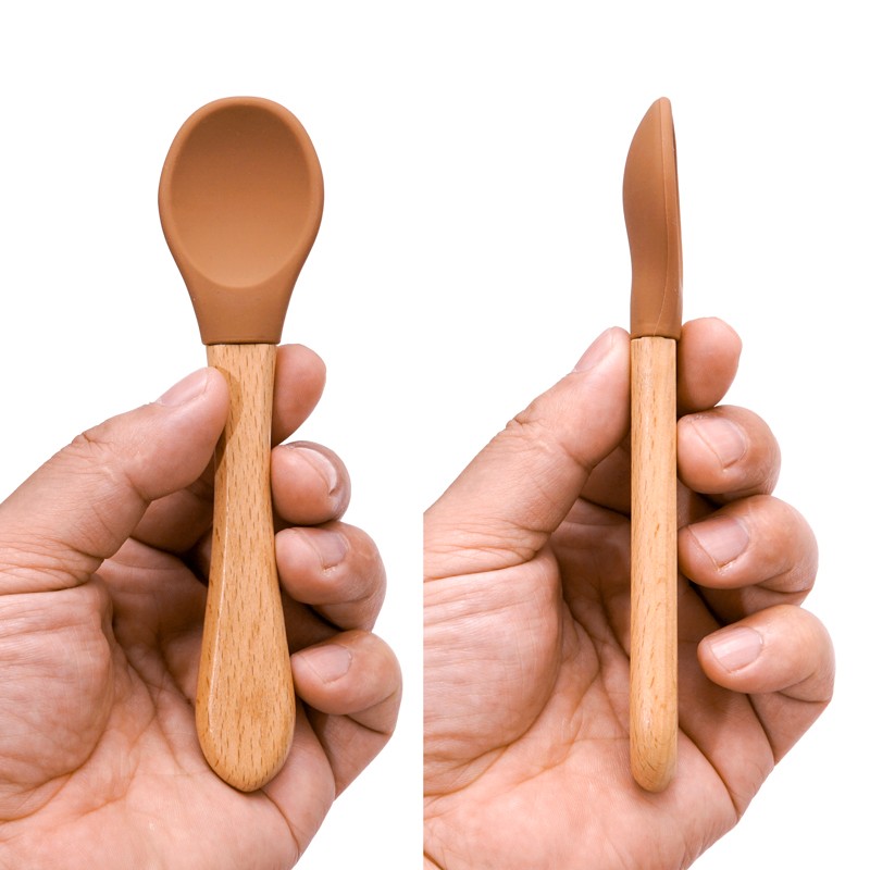 Wooden Feeding Handle Silicone Spoon For Baby Utensils Eat Soild Food Kids Training Ability Manipulation Children's Tableware