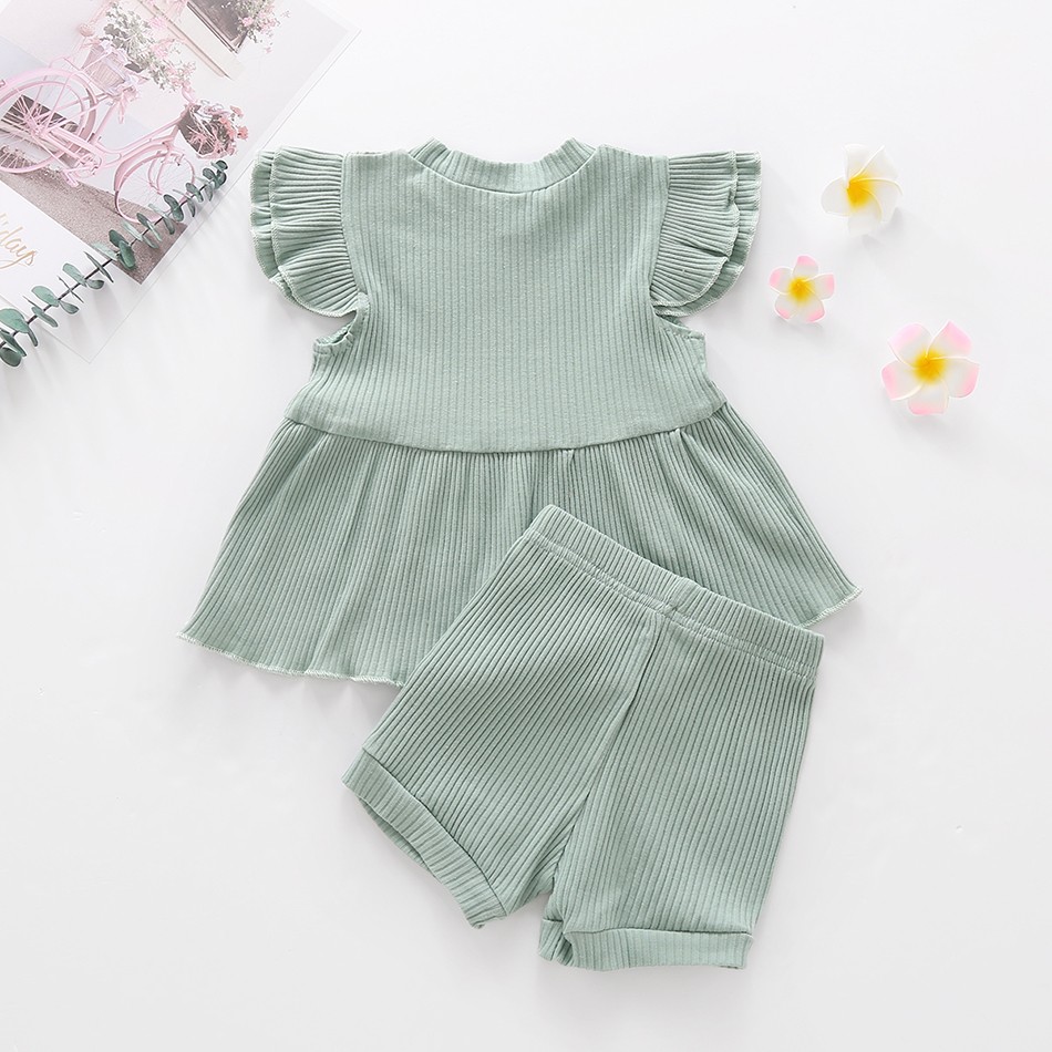 Muababi 1-5Years Children Girls Clothing Sets Summer Kids Girls Ruffles Sleeve Cotton Stripe T-shirt Tops+Shorts Casual Clothes