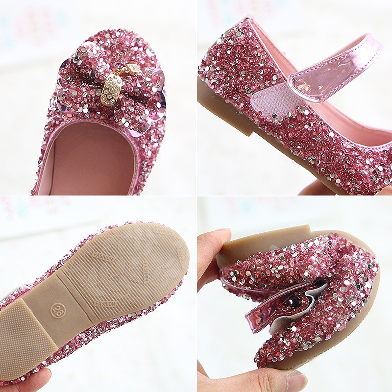 Fashion girls princess shoes bow sequins leather children shoes 2022 new spring wedding party dance round makeup mirror for kids