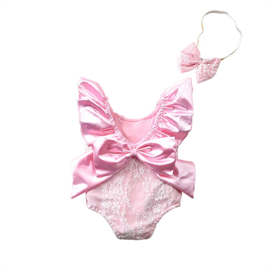 2022 Cute Ruffled Girls Swimwear With Bow Headband Kids Backless Bathing Suit Kids Beachwear