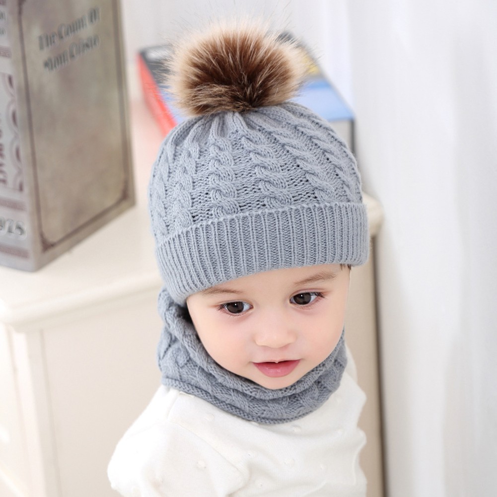 Girls Scarf and Hat Set Girls Pompon Hat Warm Winter Hat Knit Plain Color Raccoon Bones For Kids